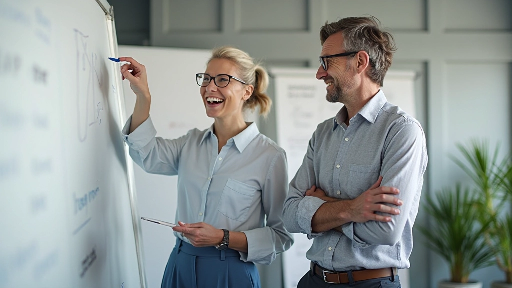 Man en vrouw werken samen aan project, schrijven op whiteboard met energieke samenwerking