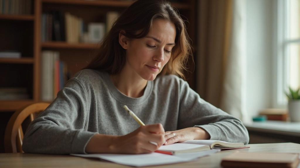 Iemand die in een notitieboek schrijft in een rustige, introspectieve omgeving