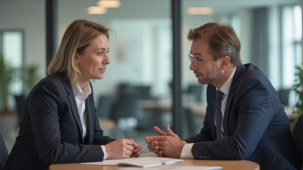 Twee personen in diepgaand gesprek over een moeilijk onderwerp in professionele setting