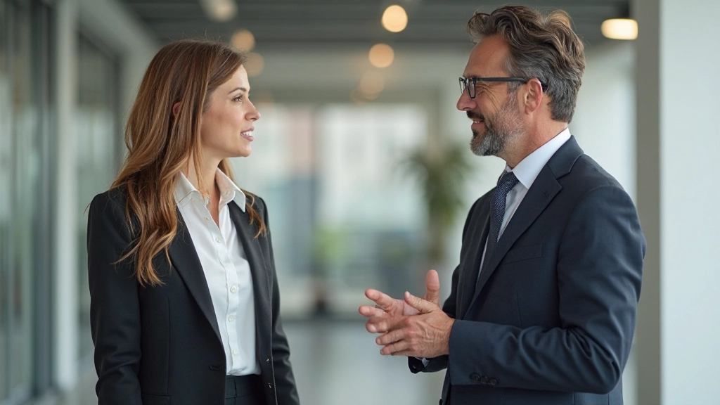 Twee personen in gesprek met open lichaamstaal in kantooromgeving
