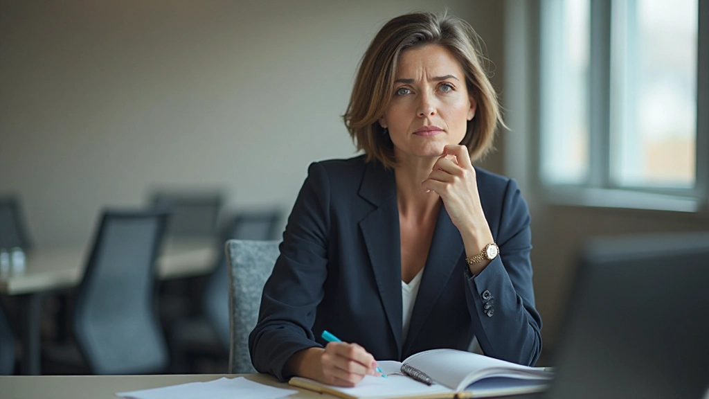 Professional bij bureau met pen en notitieboek, gefocust en doelbewust