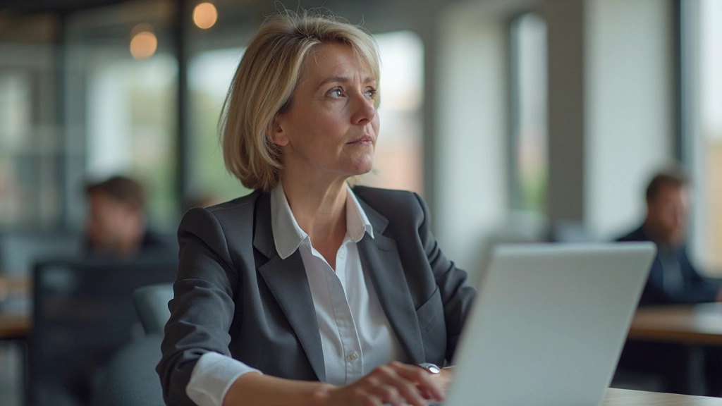 Persoon in kantoortuin kijkt bezorgd naar laptop scherm, denkt over ethische vraag